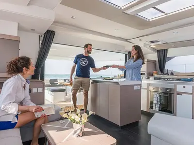 Salon of Alizee, a Fountaine Pajot Aura 51 catamaran at Road Town, British Virgin Islands