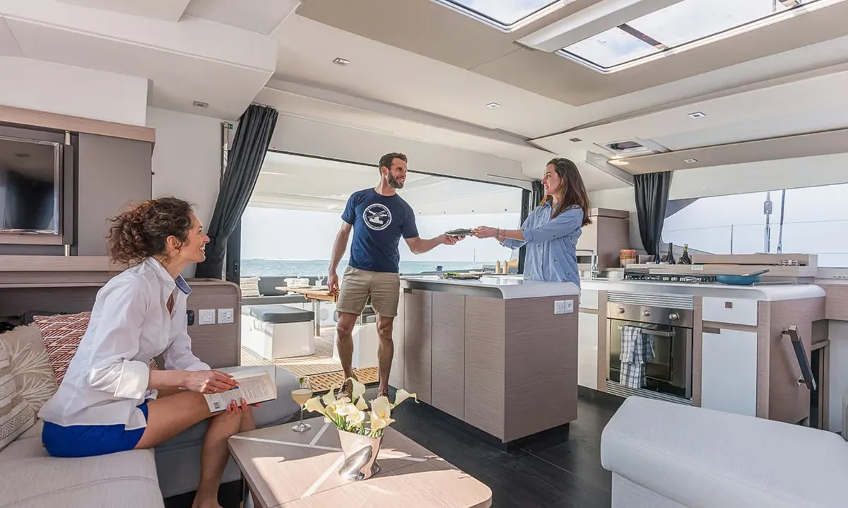 Salon of Alizee, a Fountaine Pajot Aura 51 catamaran at Road Town, British Virgin Islands