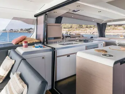 Galley of Alizee, a Fountaine Pajot Aura 51 catamaran at Road Town, British Virgin Islands