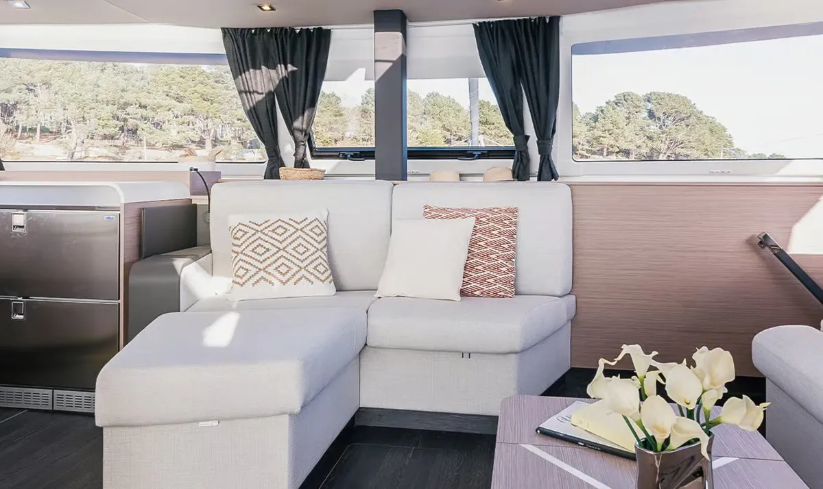 Salon of Alizee, a Fountaine Pajot Aura 51 catamaran at Road Town, British Virgin Islands