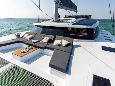 Deck of Alizee, a Fountaine Pajot Aura 51 catamaran at Road Town, British Virgin Islands