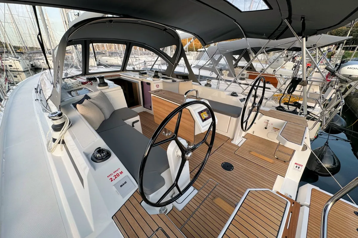 Cockpit of Ivana, a Bavaria C42 sailboat at Grad Pula, Croatia