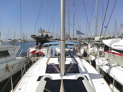 Deck of Despina, a Dufour 460 Grand Large sailboat at Athens, Greece