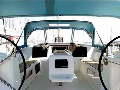 Cockpit of Despina, a Dufour 460 Grand Large sailboat at Athens, Greece