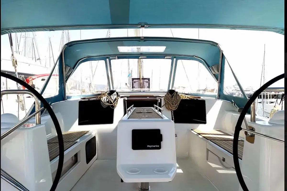 Cockpit of Despina, a Dufour 460 Grand Large sailboat at Athens, Greece