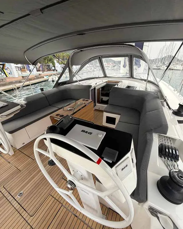 Cockpit of ELIFOZZI, a Bavaria C46 sailboat at Fethiye, Turkey