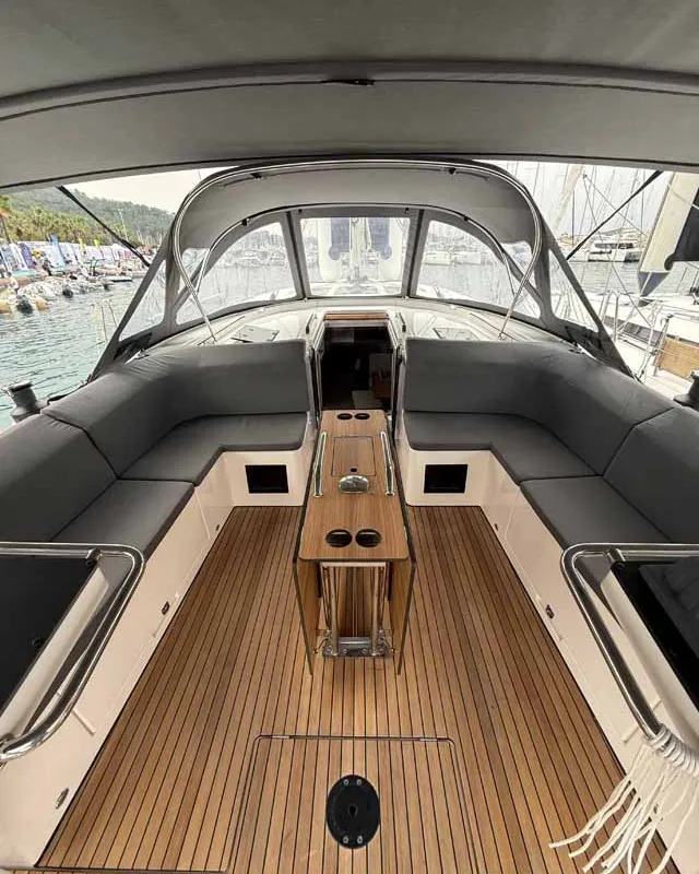 Cockpit of ELIFOZZI, a Bavaria C46 sailboat at Fethiye, Turkey