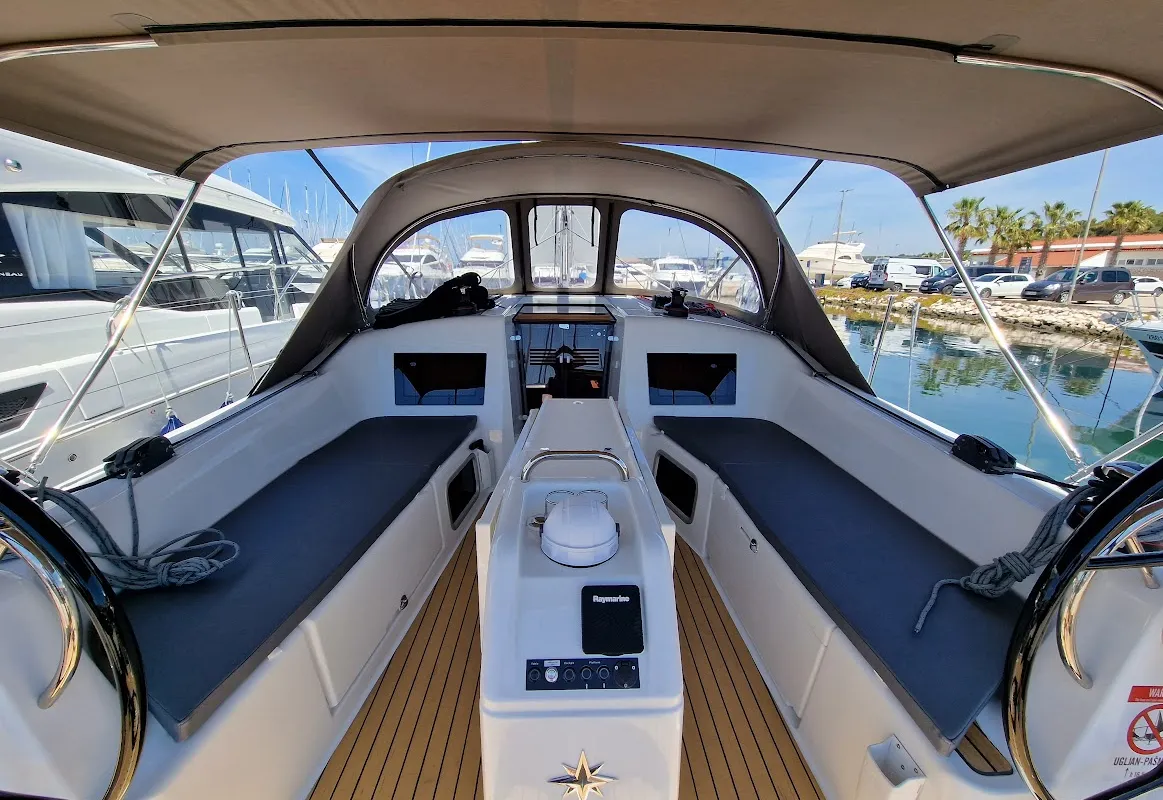 Cockpit of Freya, a Jeanneau Sun Odyssey 410 sailboat at Grad Biograd na Moru, Croatia