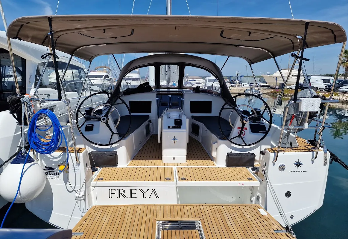 Cockpit of Freya, a Jeanneau Sun Odyssey 410 sailboat at Grad Biograd na Moru, Croatia