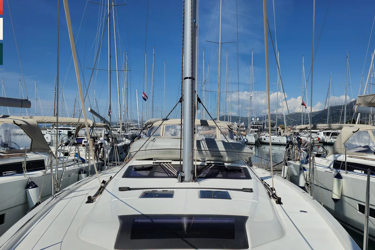 Deck of Dufour 430 GL, a sailboat at Kaštela, Croatia