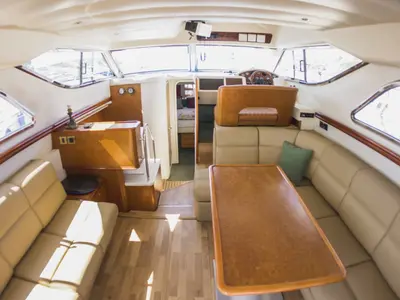 Salon of Princess 38, a motorboat at Parikia, Greece