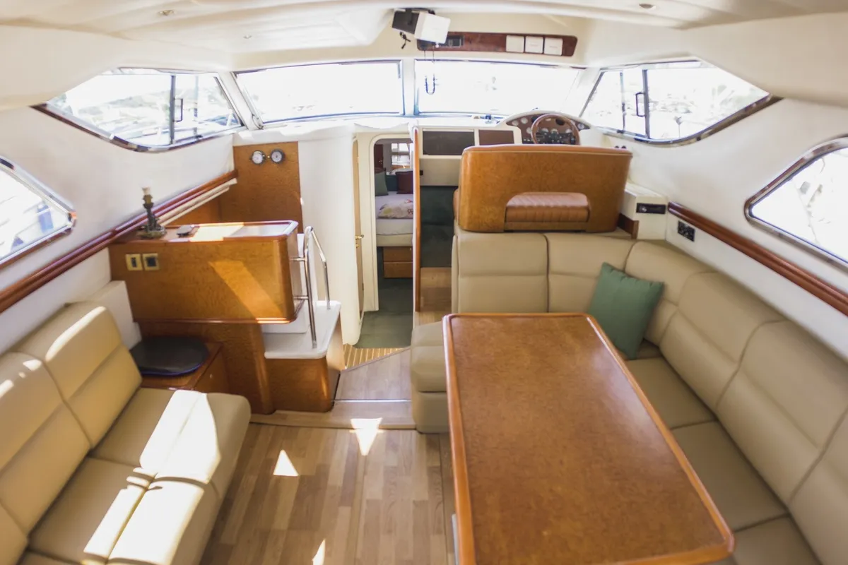 Salon of Princess 38, a motorboat at Parikia, Greece