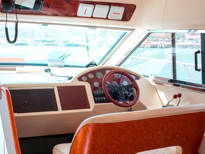 Cockpit of Princess 38, a motorboat at Parikia, Greece