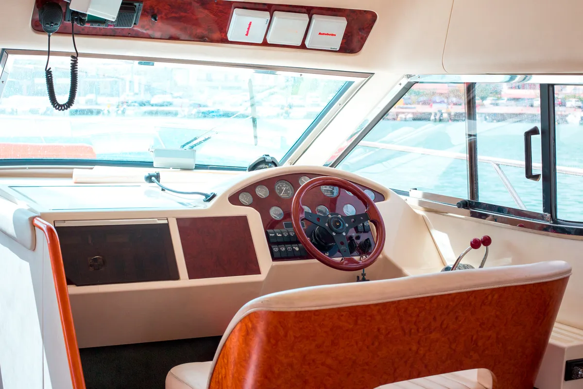 Cockpit of Princess 38, a motorboat at Parikia, Greece