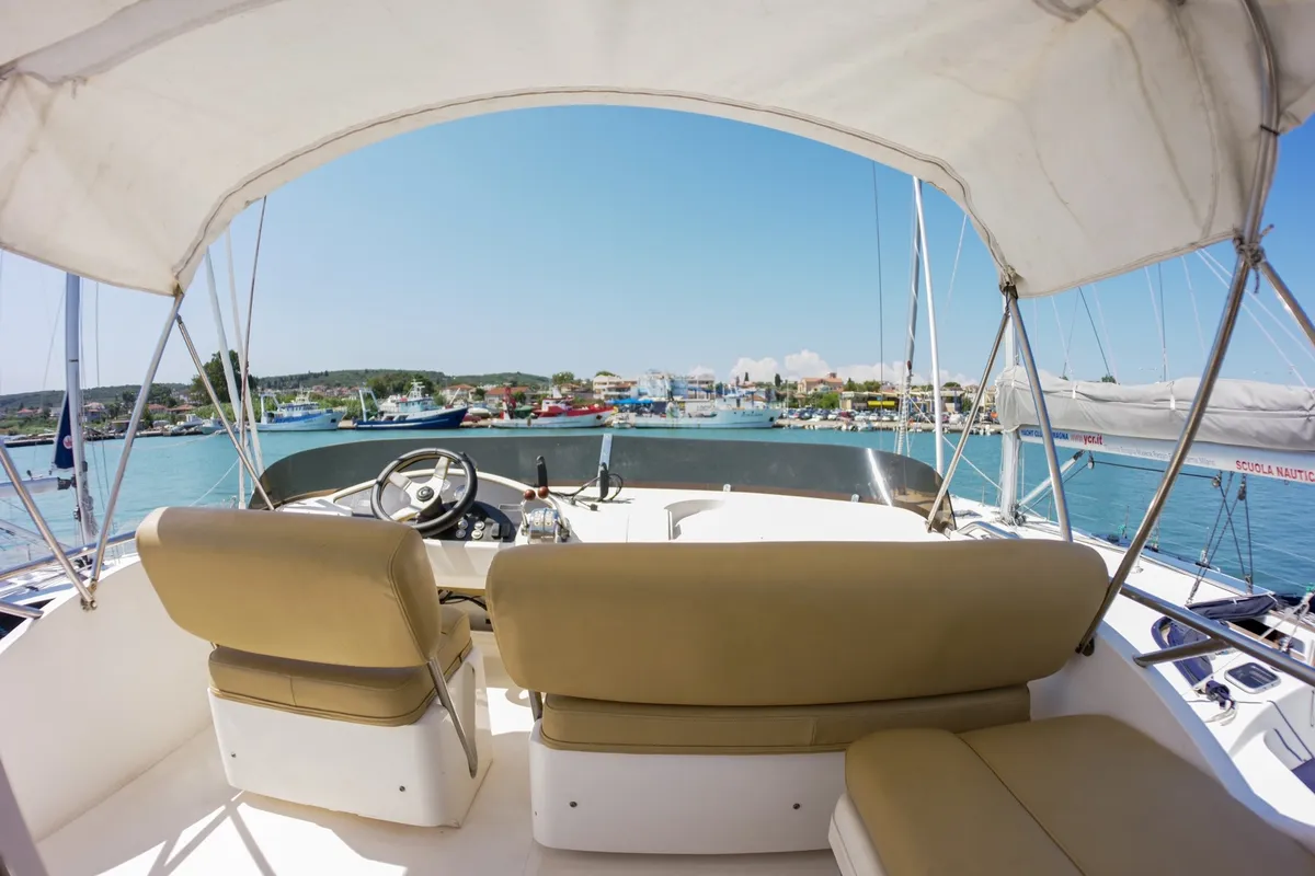 Cockpit of Princess 38, a motorboat at Parikia, Greece