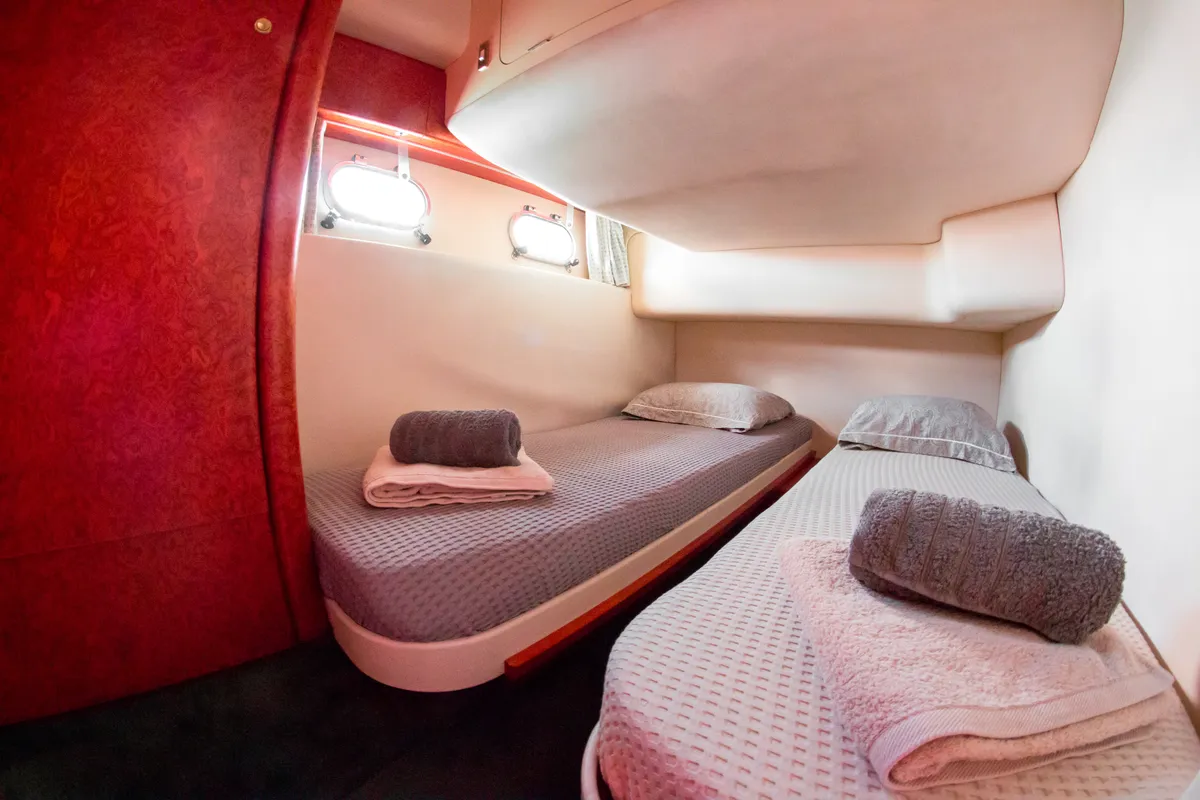 Cabin on Princess 38, a motorboat at Parikia, Greece