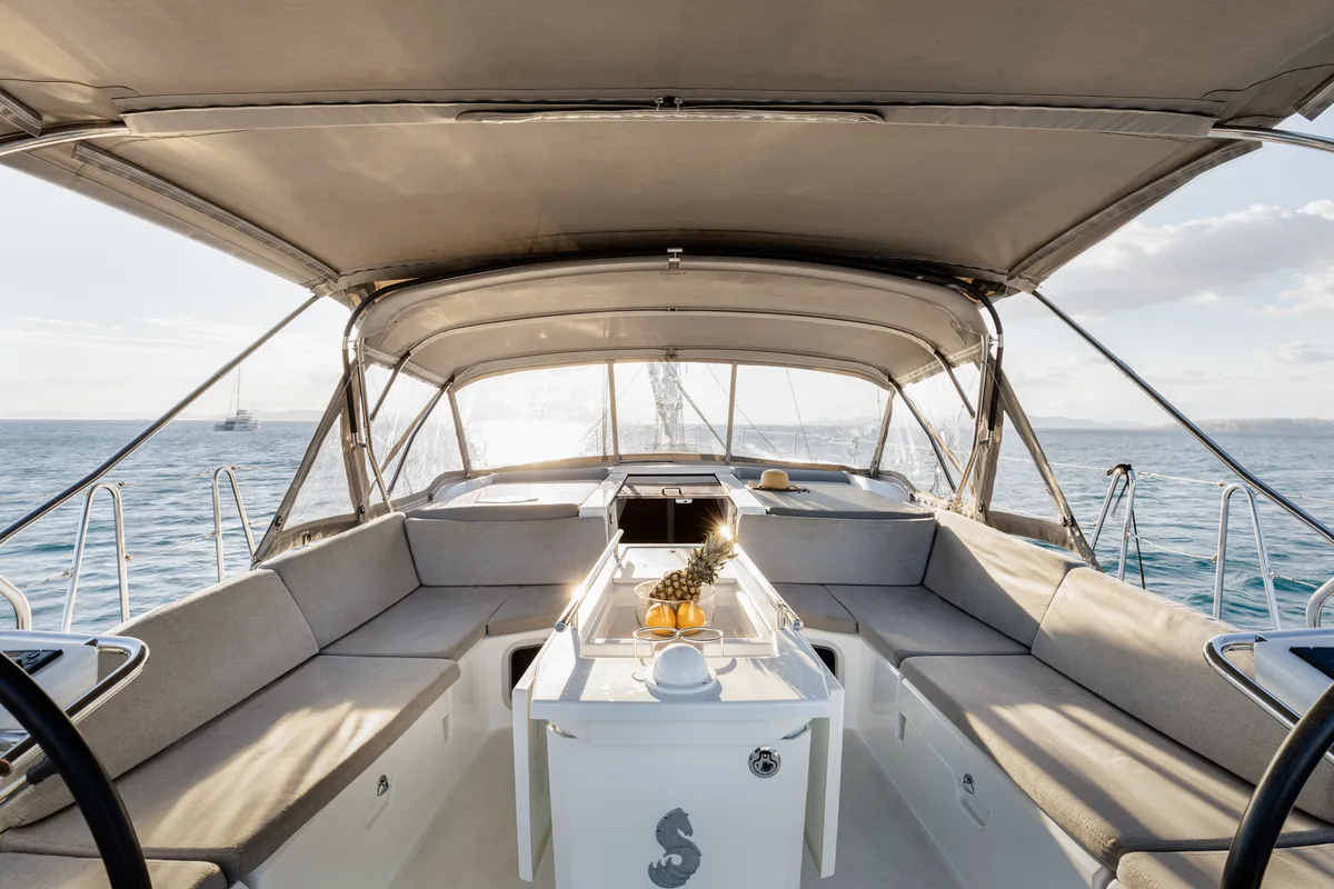 Cockpit of Viennastar, a Beneteau Oceanis 51.1 sailboat at Athens, Greece