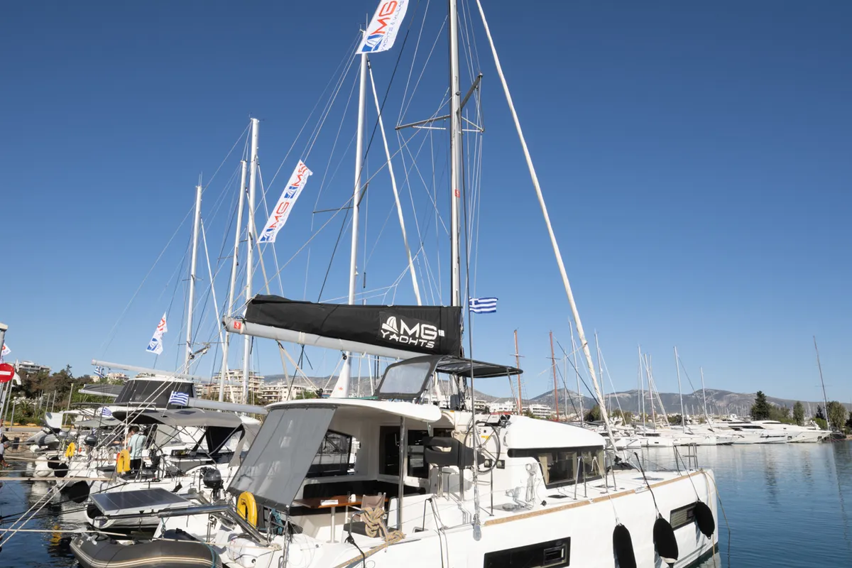 Exterior view of Serendipity, a Lagoon 40 catamaran at Athens, Greece
