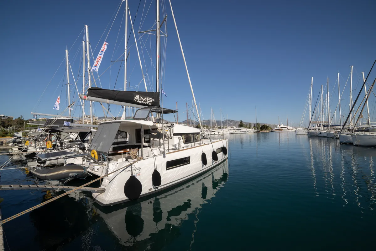 Exterior view of Serendipity, a Lagoon 40 catamaran at Athens, Greece