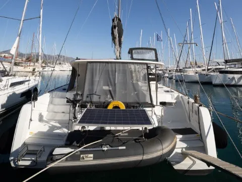 Exterior view of Serendipity, a Lagoon 40 catamaran at Athens, Greece