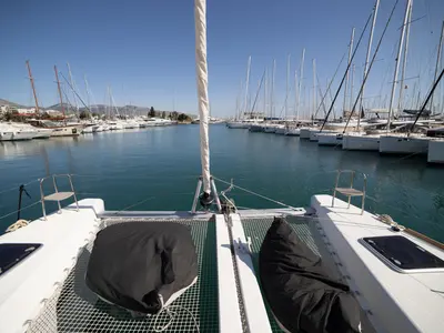 Deck of Serendipity, a Lagoon 40 catamaran at Athens, Greece