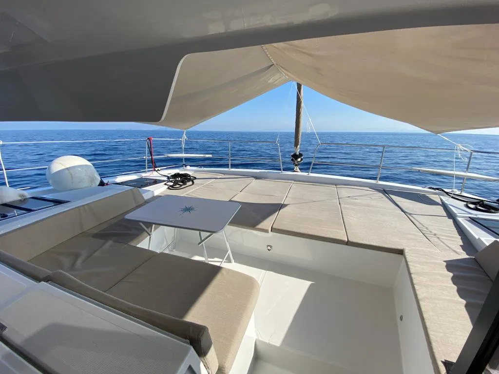 Deck of Enterprise, a Bali 4.4 catamaran at Bodrum, Turkey