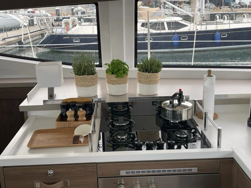 Galley of Enterprise, a Bali 4.4 catamaran at Bodrum, Turkey