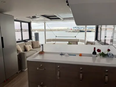 Galley of Enterprise, a Bali 4.4 catamaran at Bodrum, Turkey