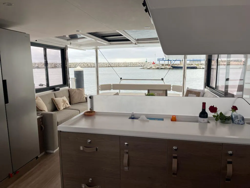 Galley of Enterprise, a Bali 4.4 catamaran at Bodrum, Turkey