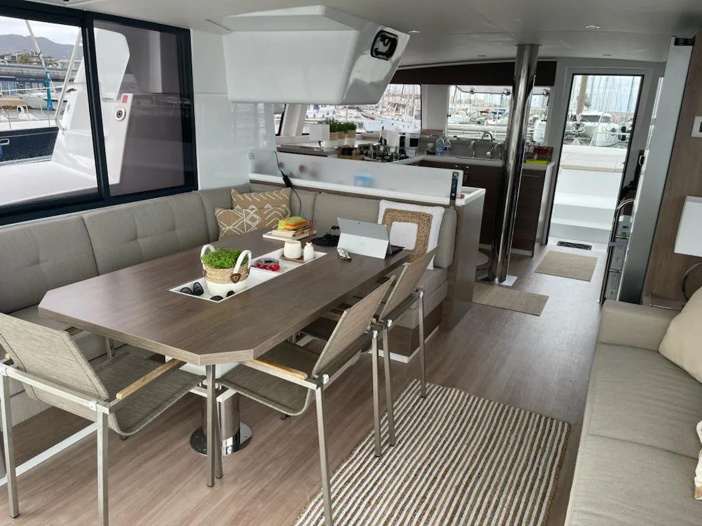 Salon of Enterprise, a Bali 4.4 catamaran at Bodrum, Turkey