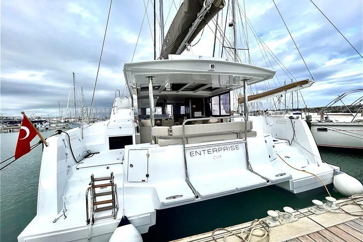 Exterior view of Enterprise, a Bali 4.4 catamaran at Bodrum, Turkey