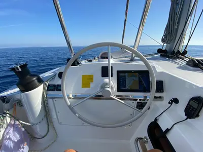 Cockpit of Enterprise, a Bali 4.4 catamaran at Bodrum, Turkey