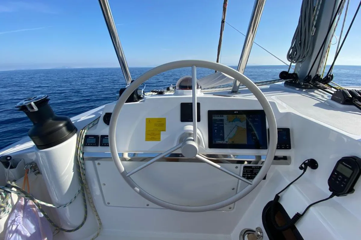 Cockpit of Enterprise, a Bali 4.4 catamaran at Bodrum, Turkey