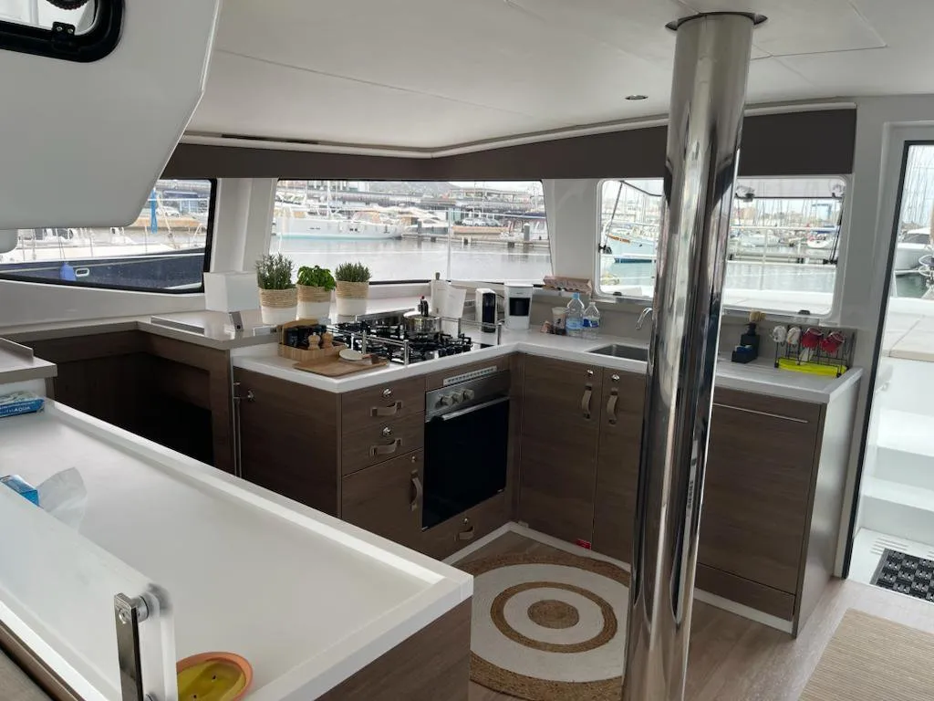 Galley of Enterprise, a Bali 4.4 catamaran at Bodrum, Turkey