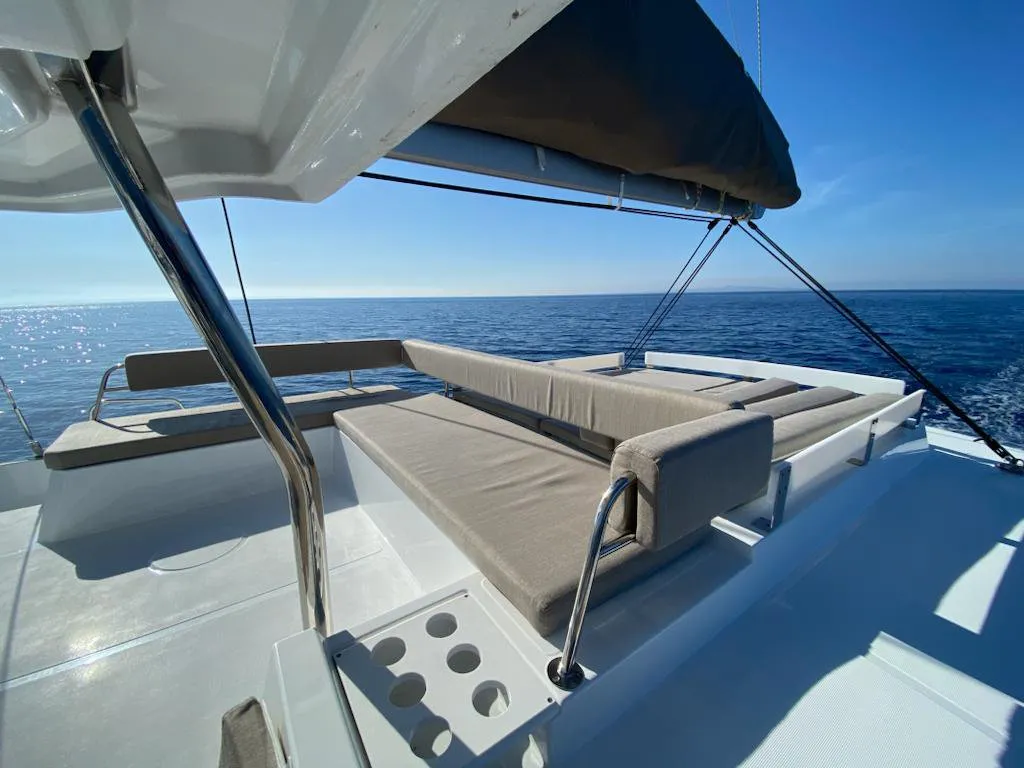 Deck of Enterprise, a Bali 4.4 catamaran at Bodrum, Turkey