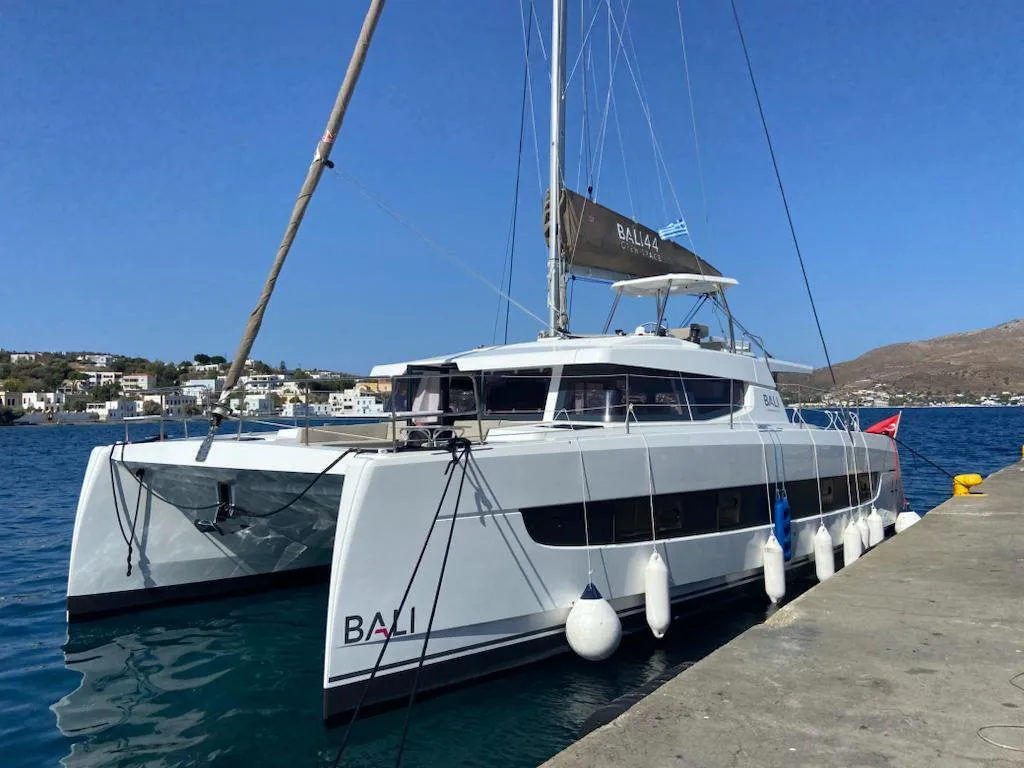 Exterior view of Enterprise, a Bali 4.4 catamaran at Bodrum, Turkey