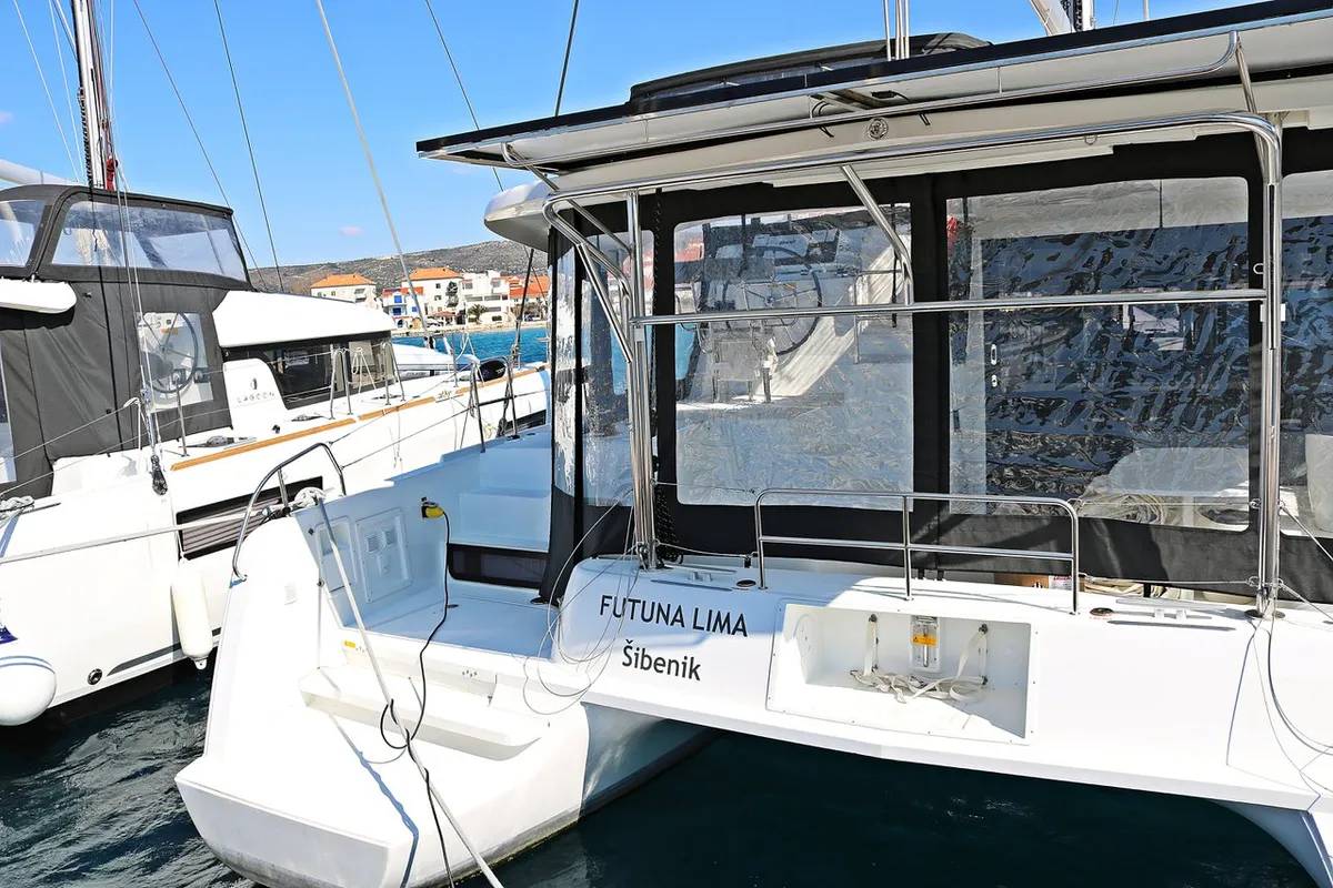 Exterior view of Futuna Lima, a Lagoon 42 catamaran at Općina Rogoznica, Croatia