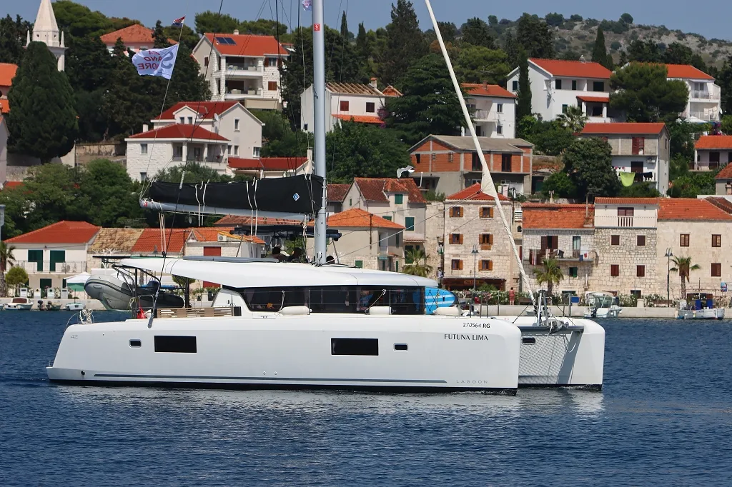 Exterior view of Futuna Lima, a Lagoon 42 catamaran at Općina Rogoznica, Croatia