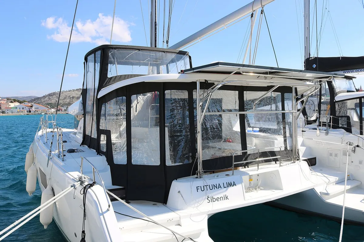 Deck of Futuna Lima, a Lagoon 42 catamaran at Općina Rogoznica, Croatia