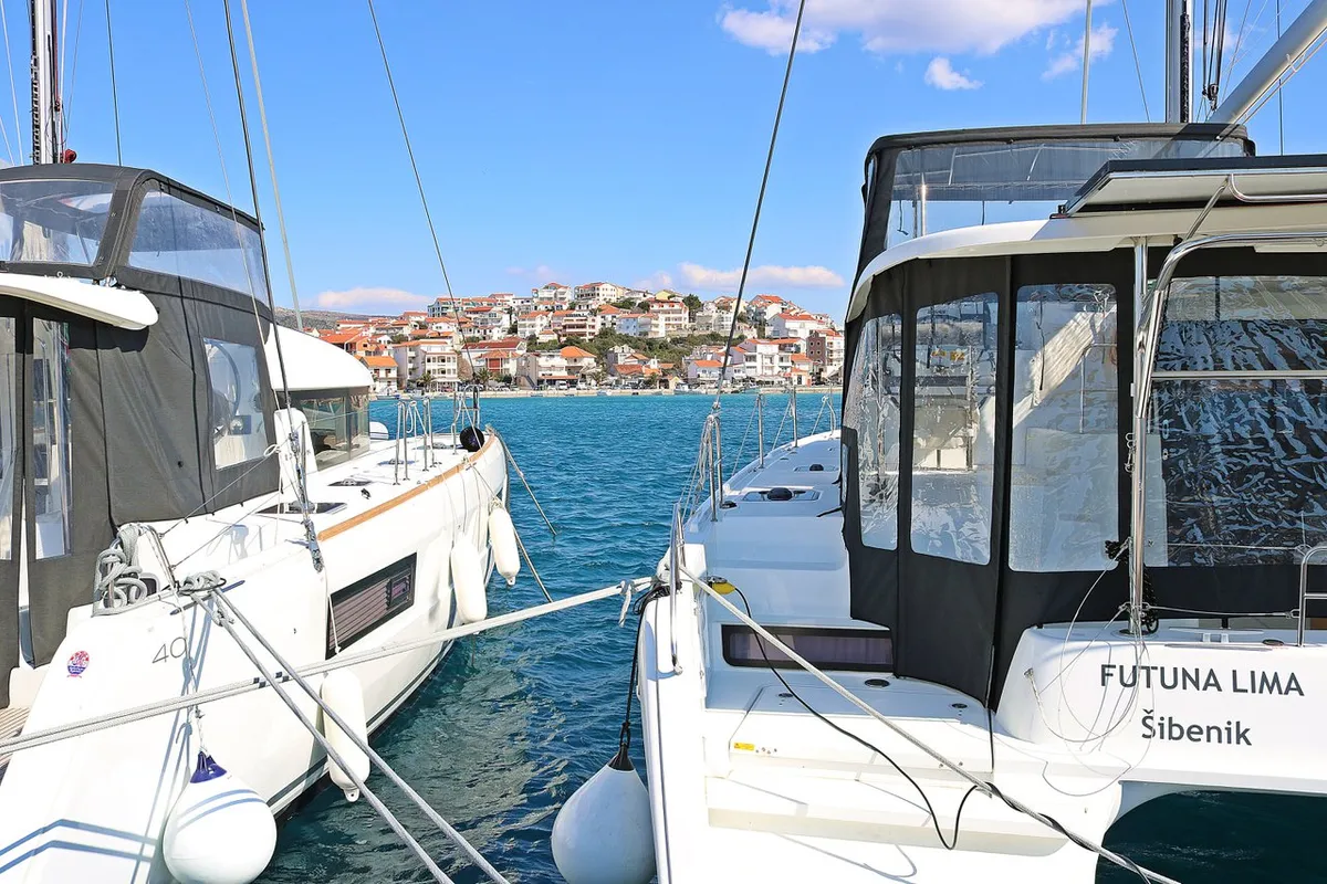 Exterior view of Futuna Lima, a Lagoon 42 catamaran at Općina Rogoznica, Croatia