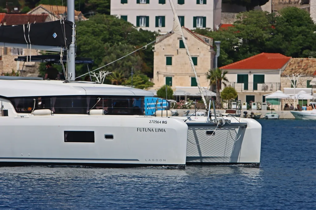 Exterior view of Futuna Lima, a Lagoon 42 catamaran at Općina Rogoznica, Croatia