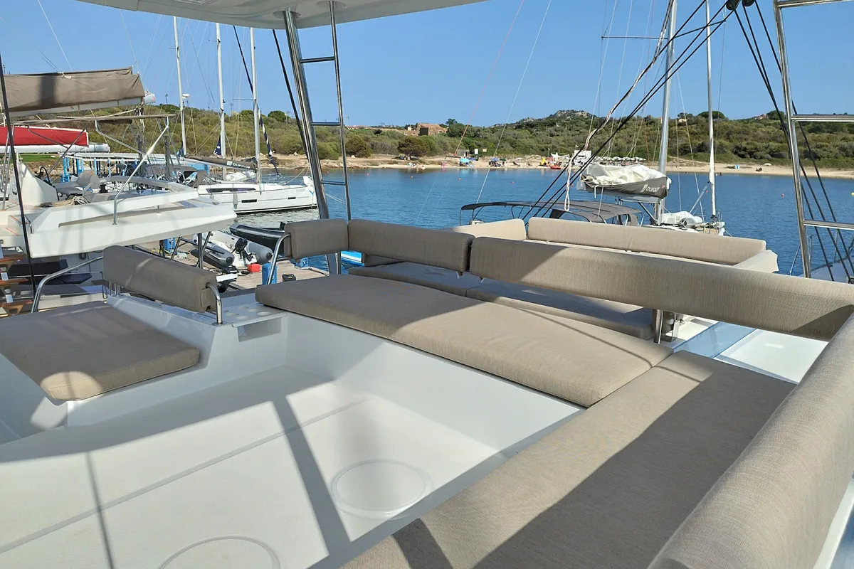 Deck of Steno, a Bali 4.8 catamaran at Olbia, Italy