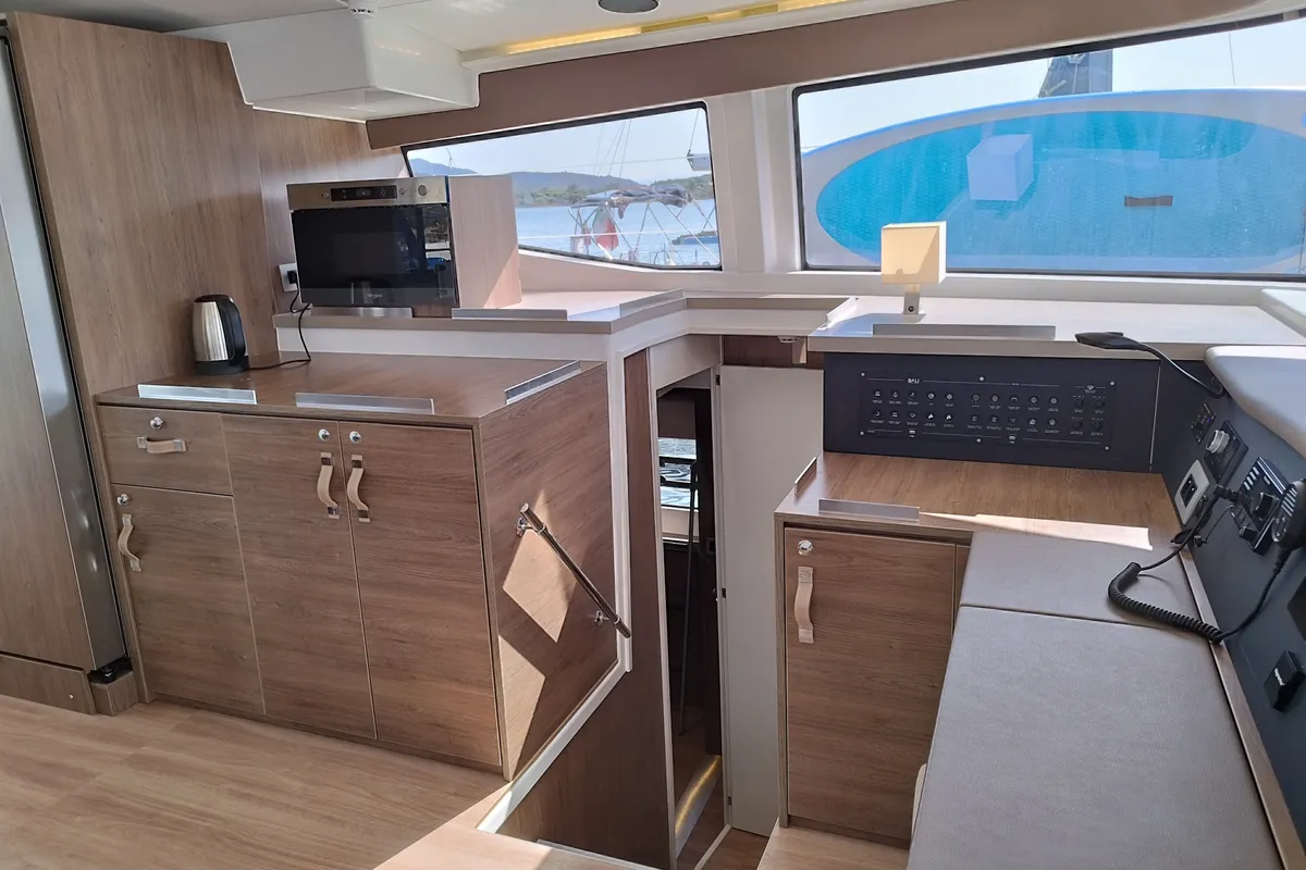 Galley of Steno, a Bali 4.8 catamaran at Olbia, Italy
