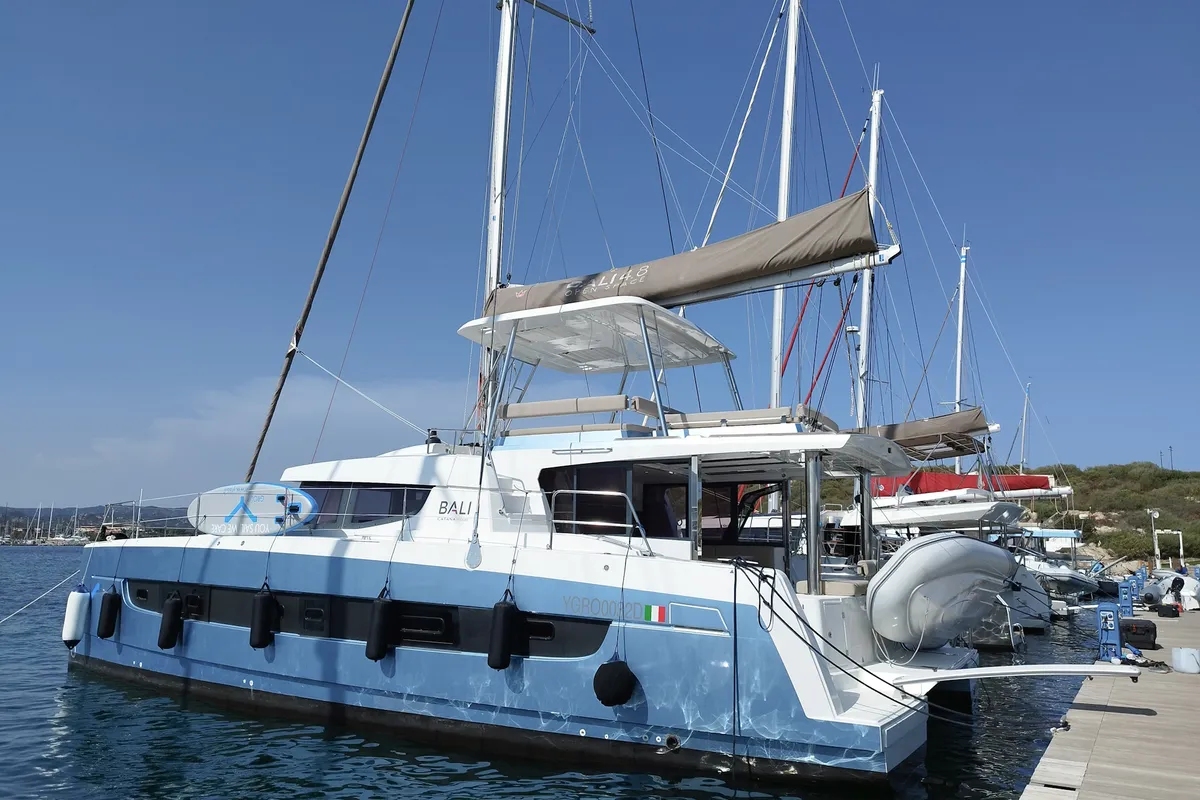 Exterior view of Steno, a Bali 4.8 catamaran at Olbia, Italy