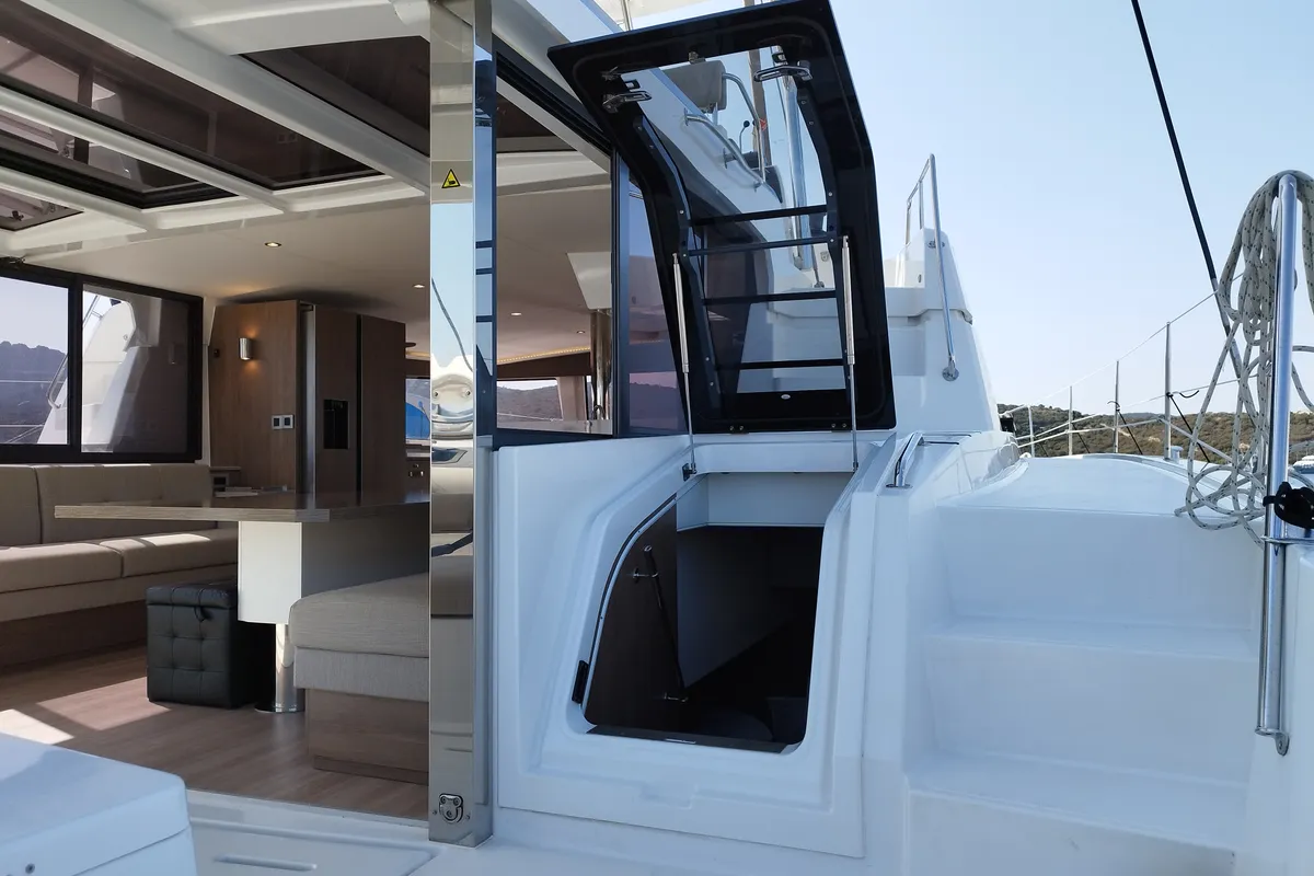 Deck of Steno, a Bali 4.8 catamaran at Olbia, Italy