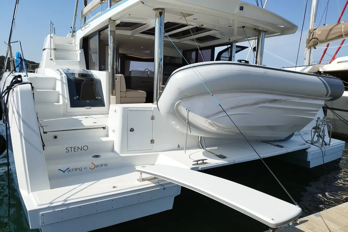 Deck of Steno, a Bali 4.8 catamaran at Olbia, Italy