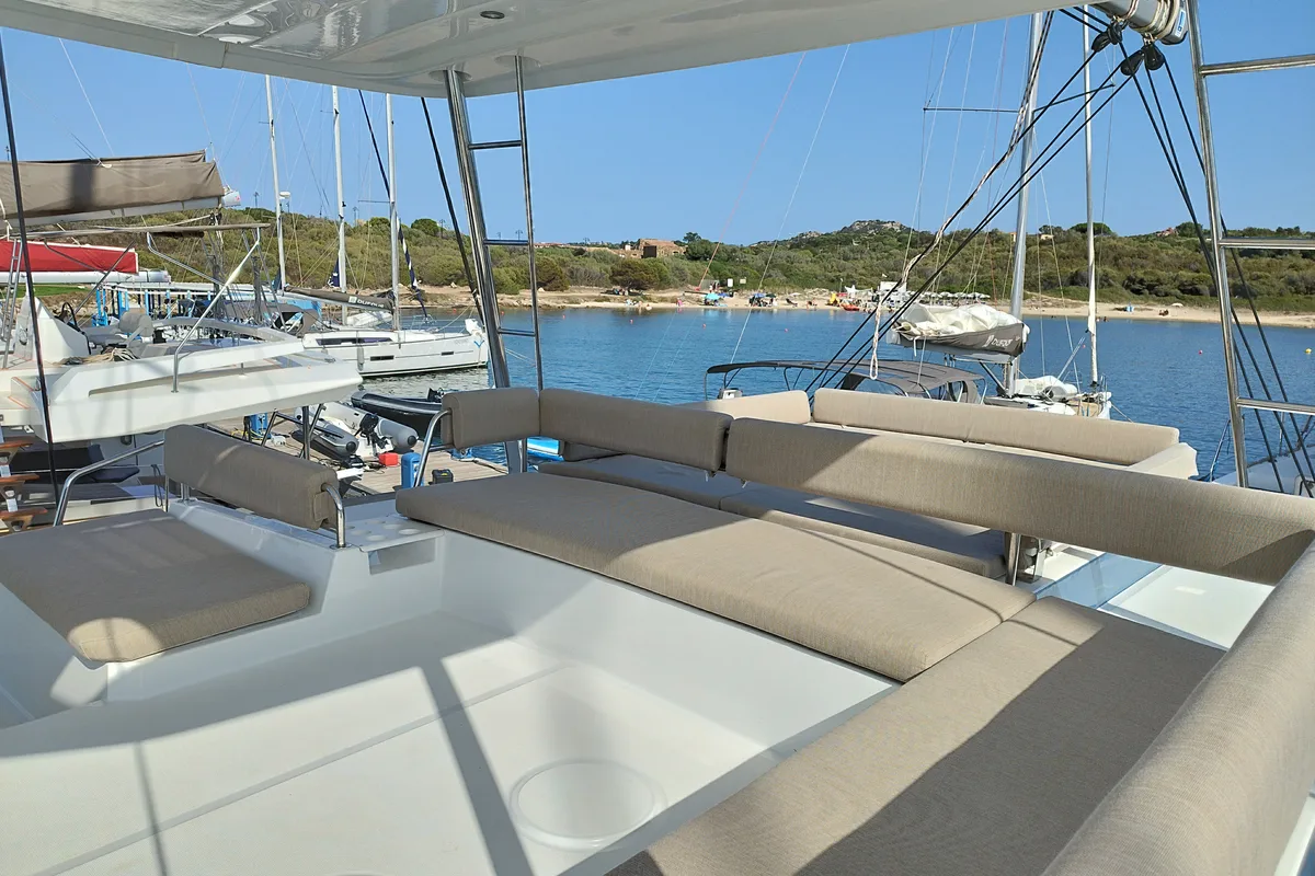Deck of Steno, a Bali 4.8 catamaran at Olbia, Italy