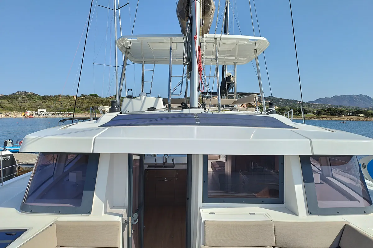 Deck of Steno, a Bali 4.8 catamaran at Olbia, Italy