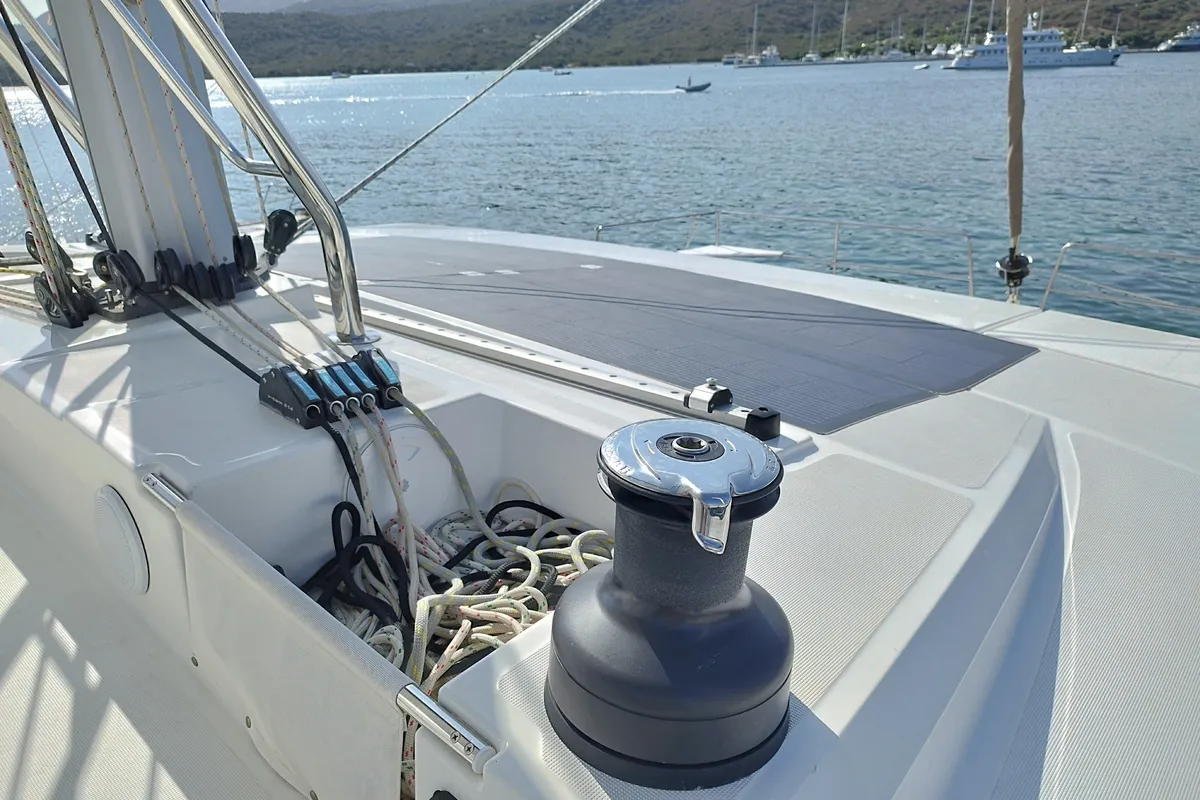 Cockpit of Steno, a Bali 4.8 catamaran at Olbia, Italy