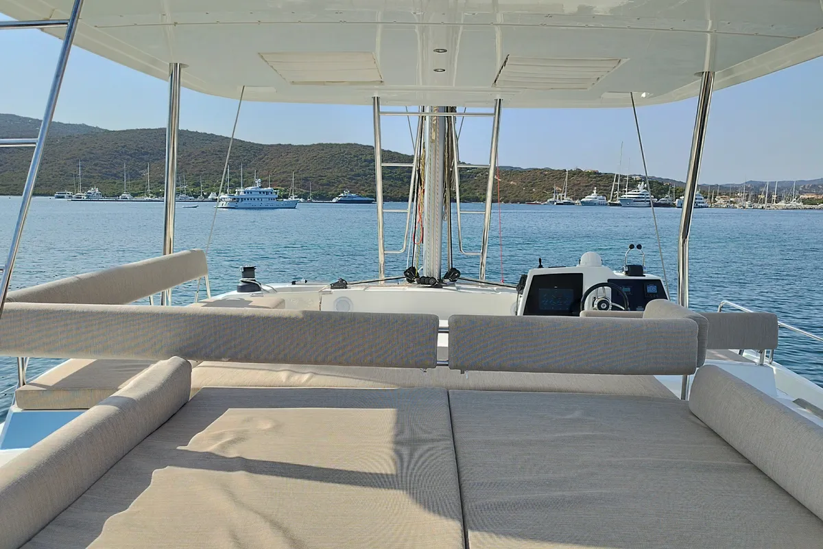 Deck of Steno, a Bali 4.8 catamaran at Olbia, Italy